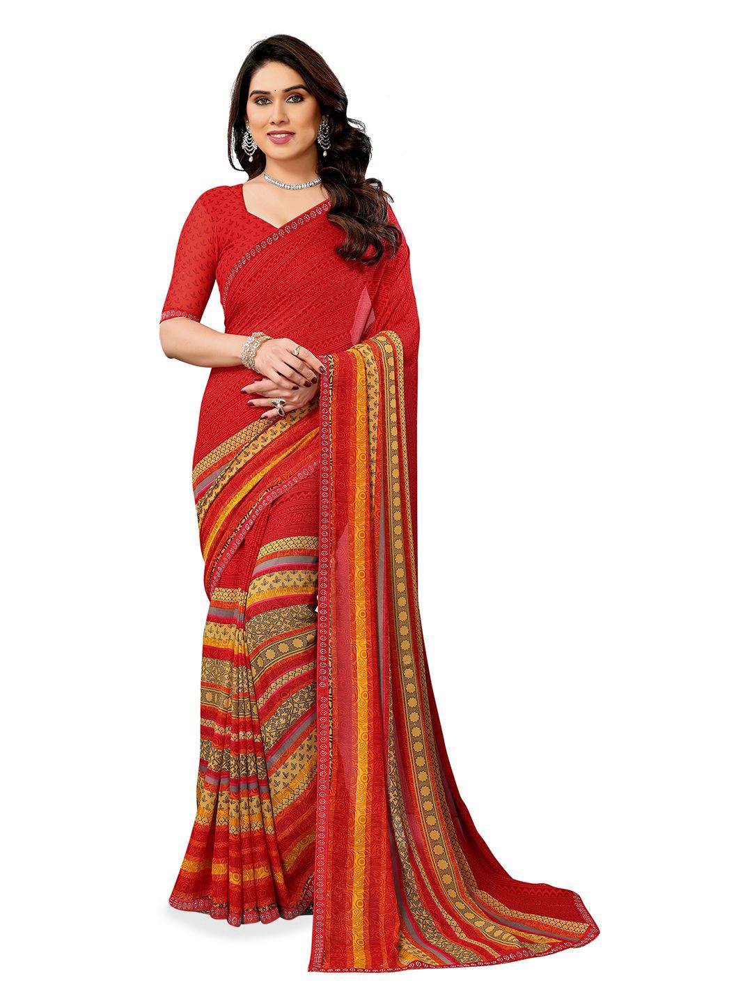 

Moda Rapido Women Beads and Stones Border Saree, Red