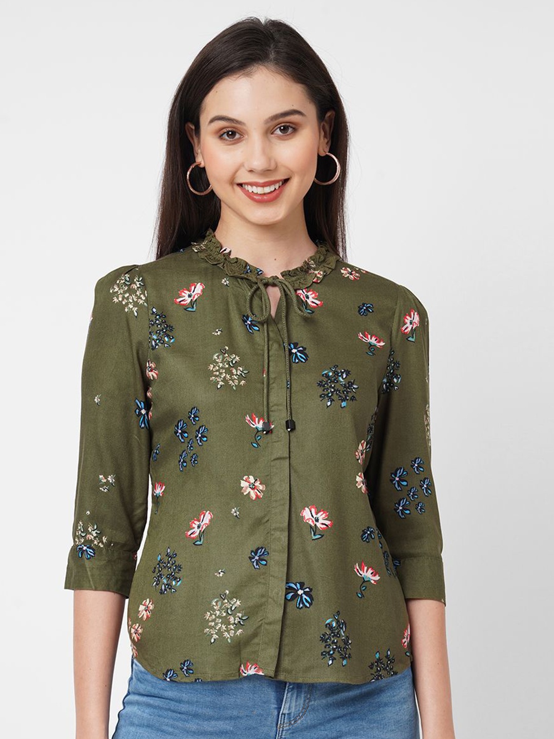 

Kraus Jeans Women Slim Fit Floral Opaque Printed Casual Shirt, Olive