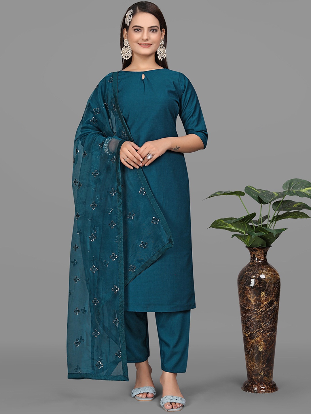 

ZEEPKART Boat Neck Straight Kurta With Trouser & Dupatta, Turquoise blue