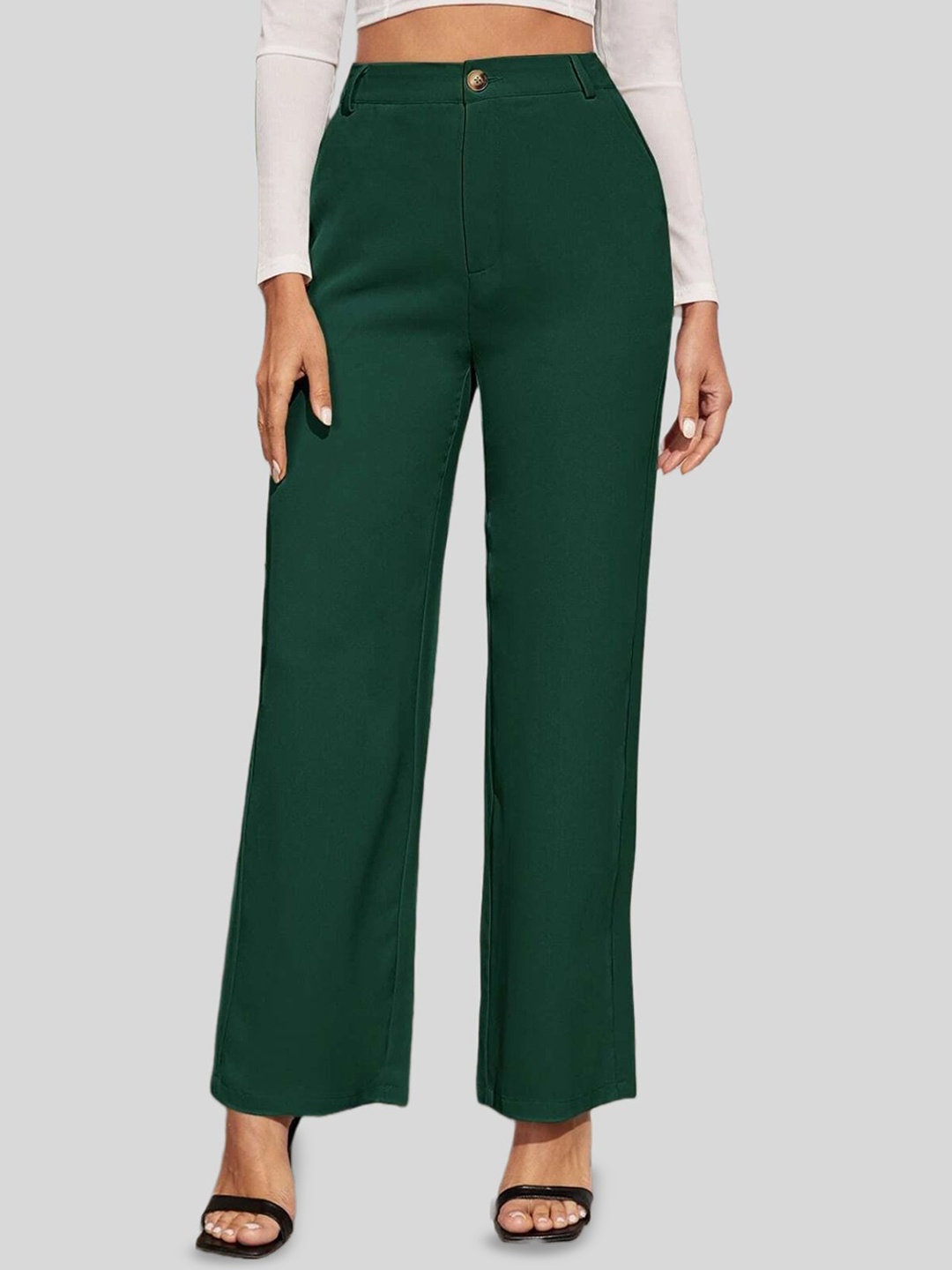 

FNOCKS Women Relaxed Straight Leg Straight Fit High-Rise Trousers, Green