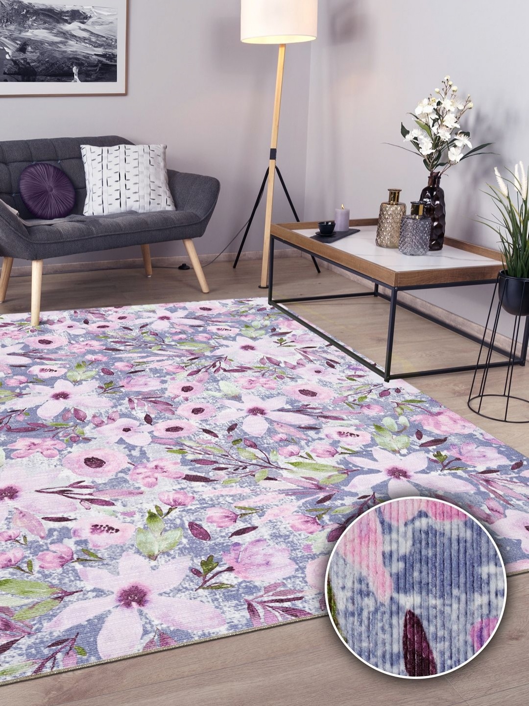 

Kaleen India Pink & Blue Floral Printed Anti-Skid Carpet