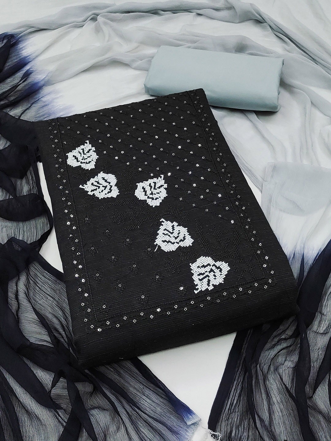 

SAINOOR Floral Embroidered Cotton Unstitched Dress Material, Black