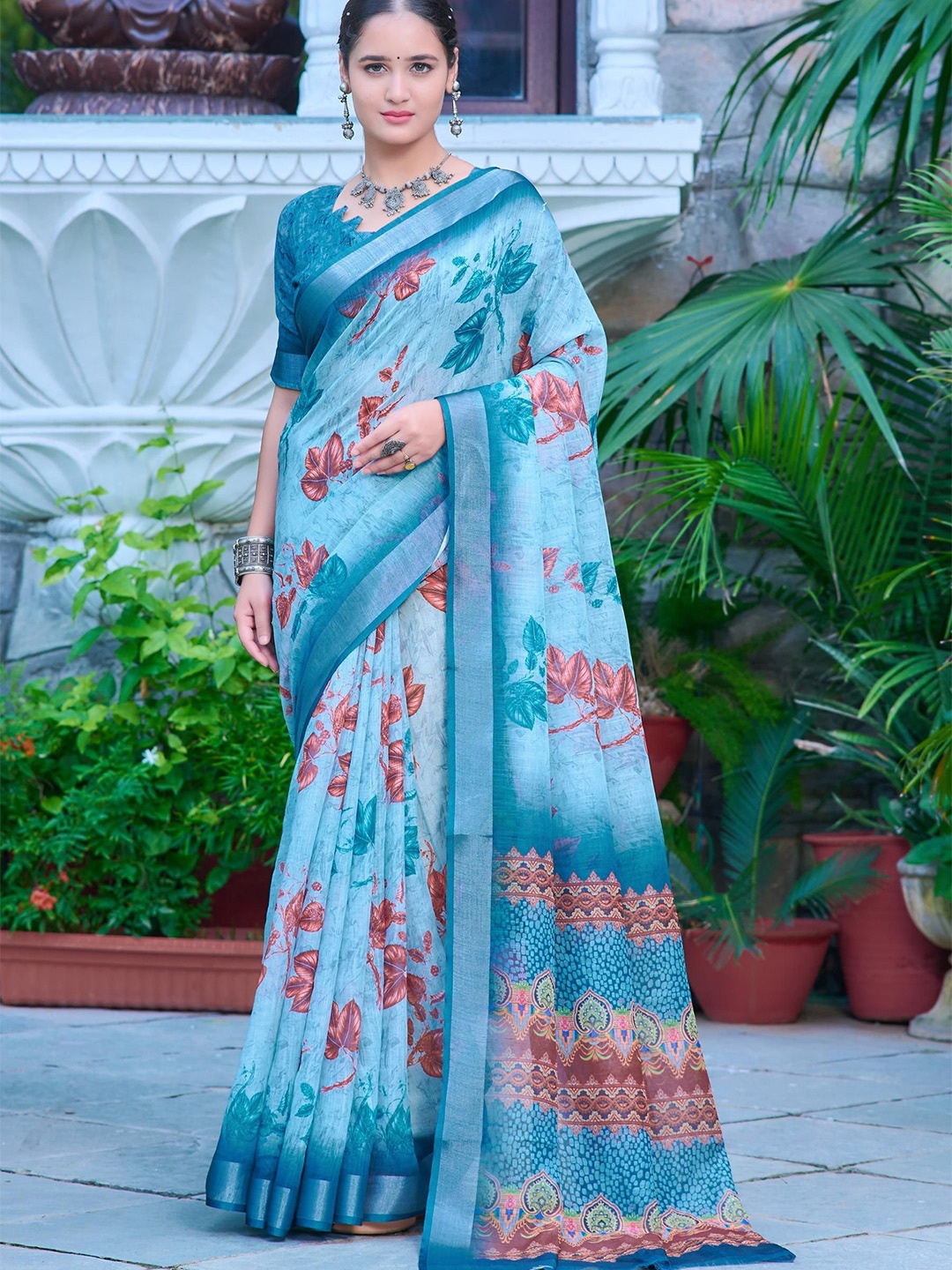 

KALINI Floral Printed Zari Khadi Saree with blouse piece, Teal