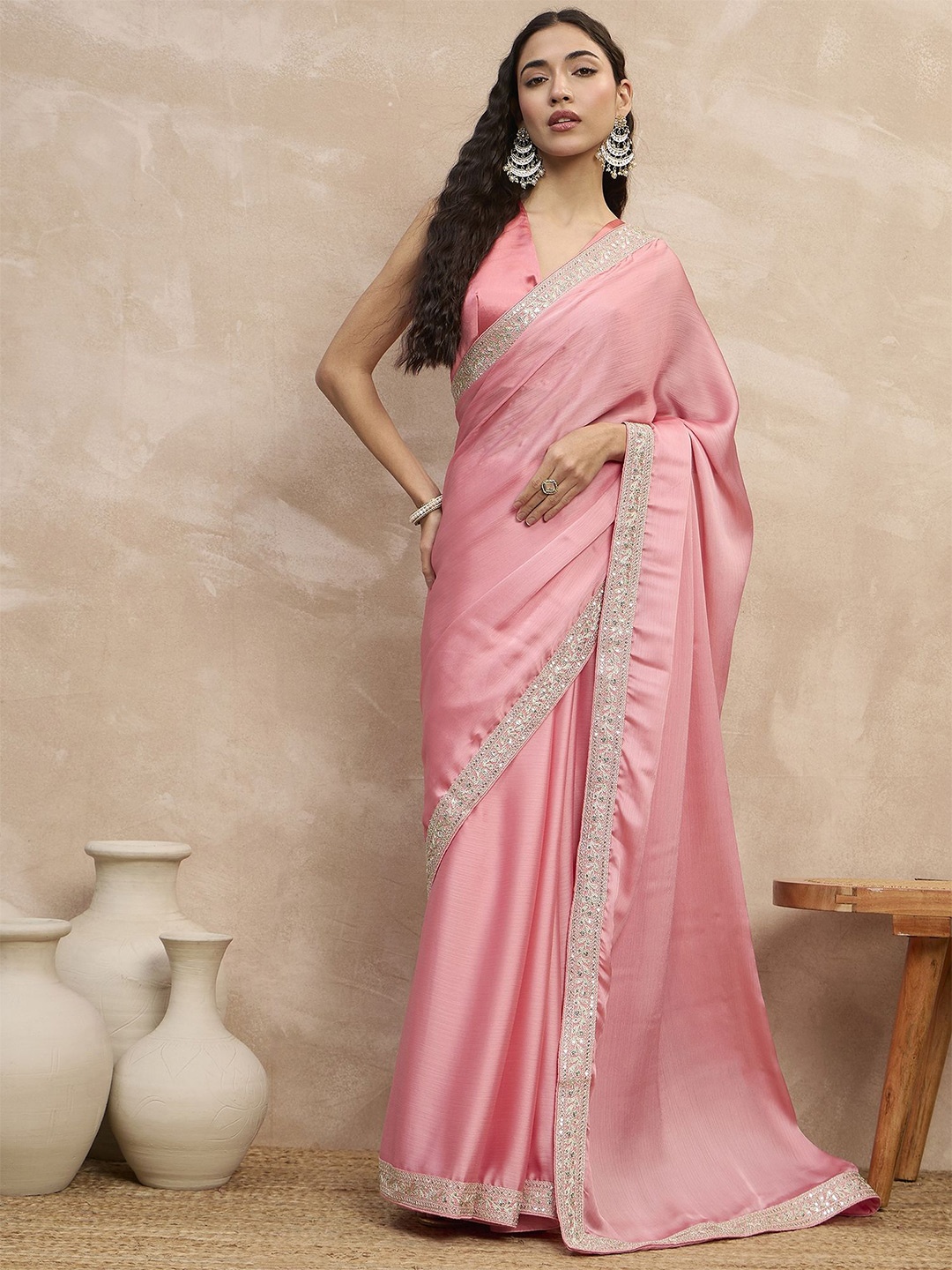 

all about you Satin Embroidered Saree, Pink