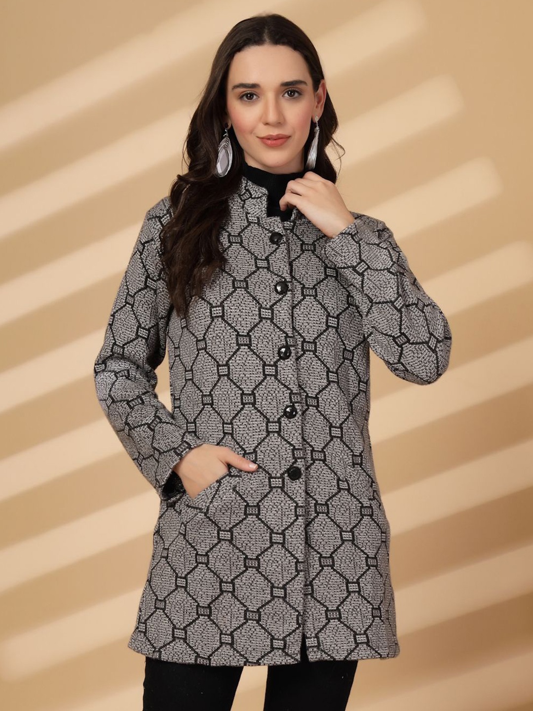 

all about you Geometric Checked Mandarin Collar Woollen Longline Top, Black