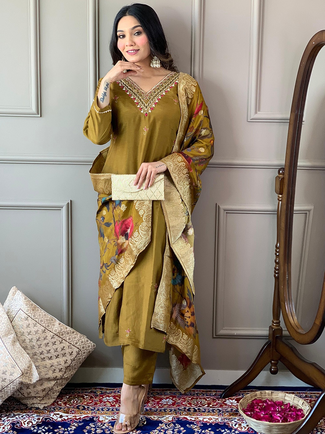 

NIRMAL CREATION Embroidered V Neck Pure Cotton Kurta With Trousers & Dupatta, Olive