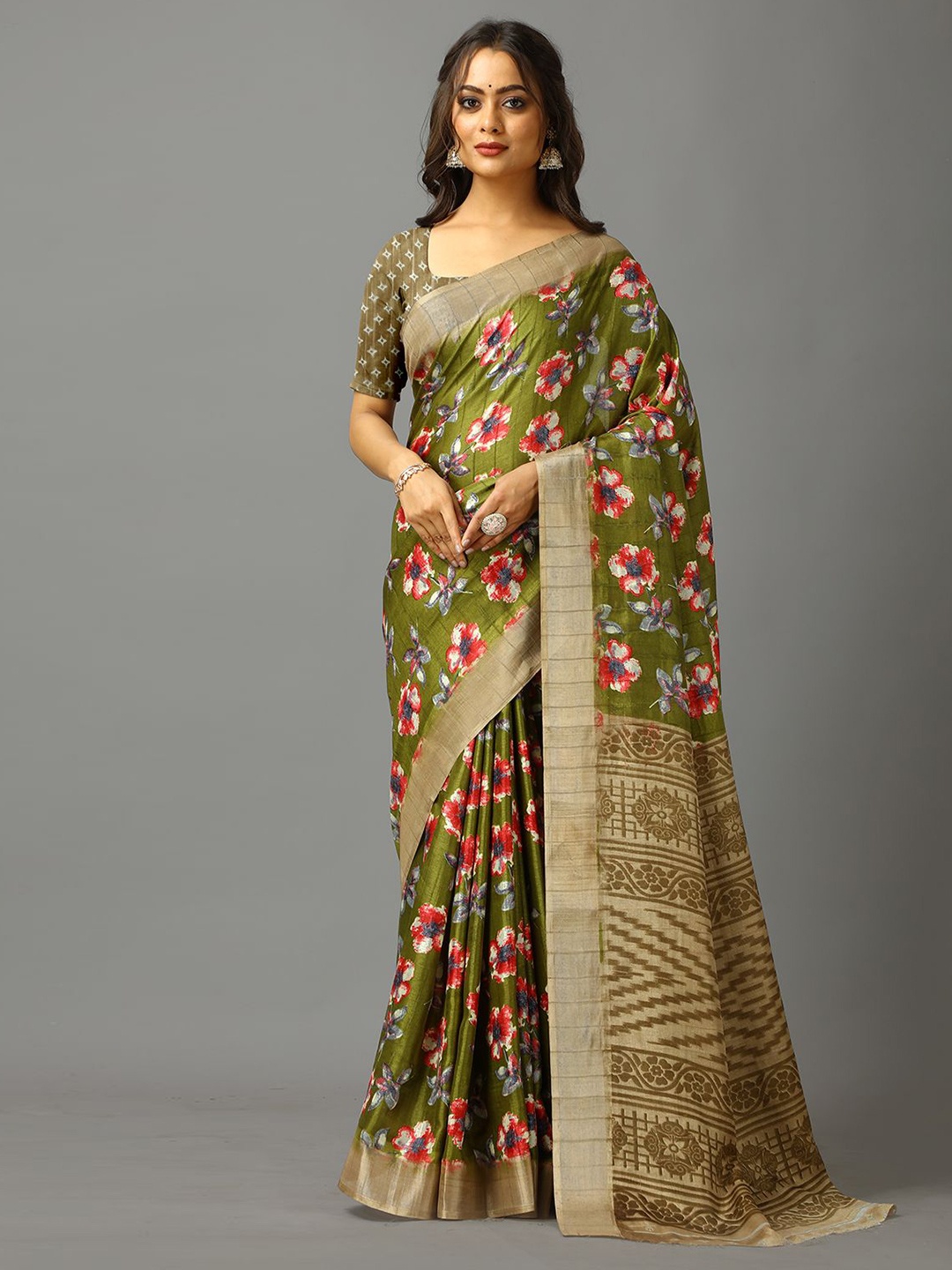 

NIRMAL CREATION Floral Saree, Green