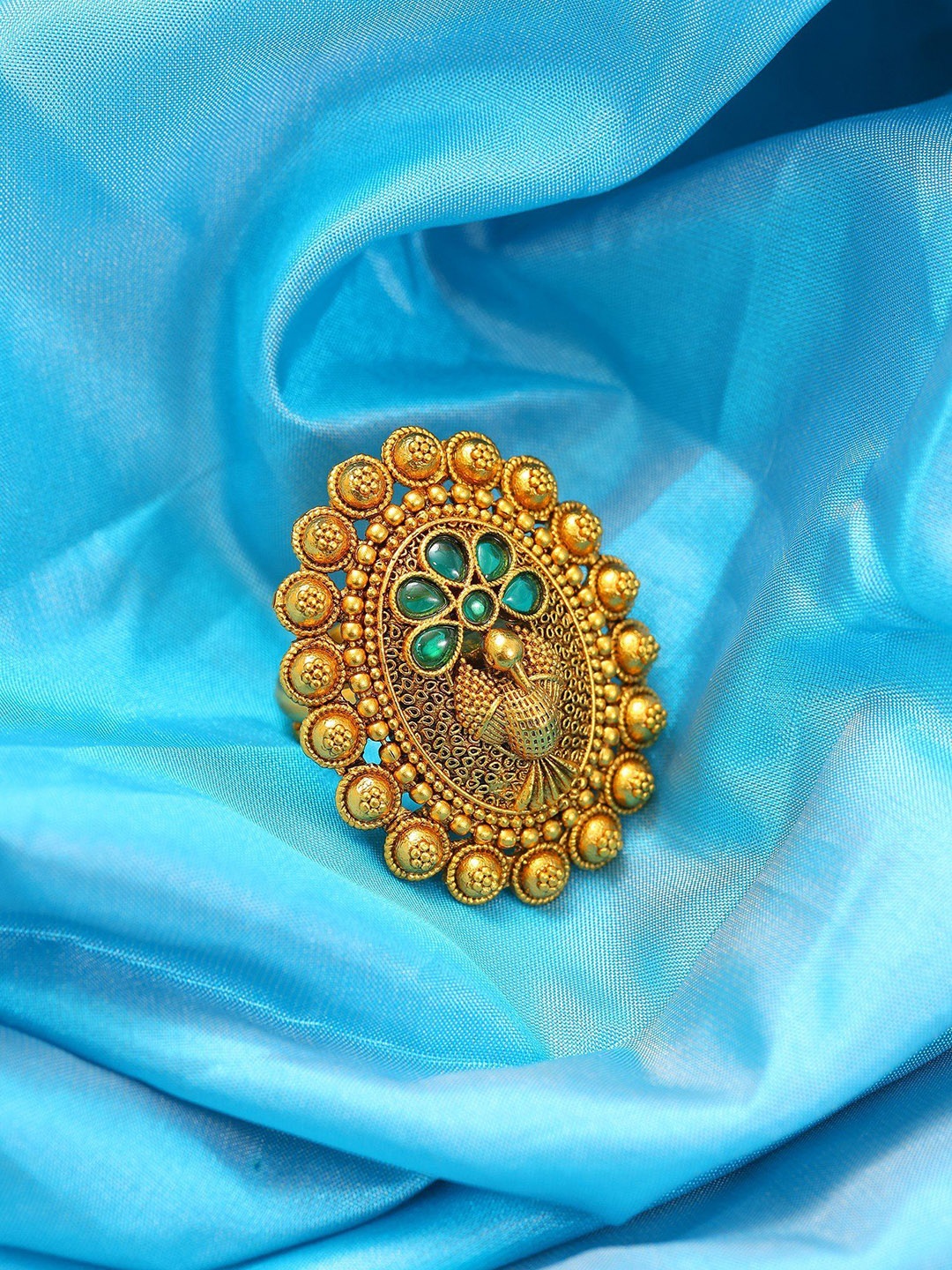 

Exotic India Peacock Design Oval Shape Adjustable Ring With Studded Stone, Gold