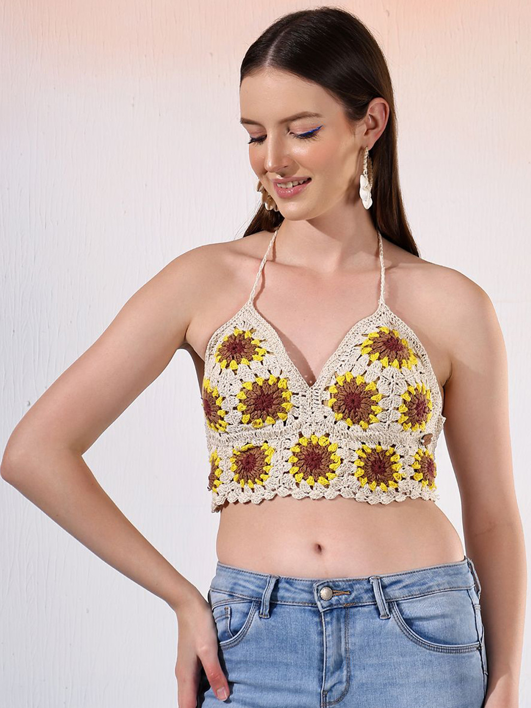 

Velvery Halter Neck Cotton Crochet Bralette Crop Top, Off white