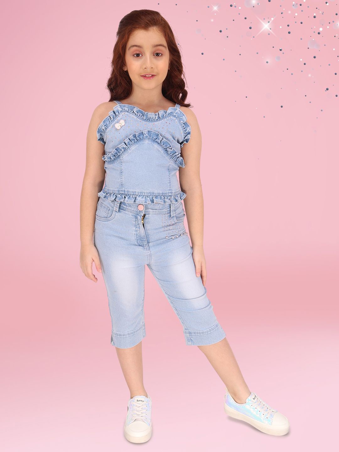 

CUTECUMBER Girls Embellished Sleeveless Top With Capris, Blue
