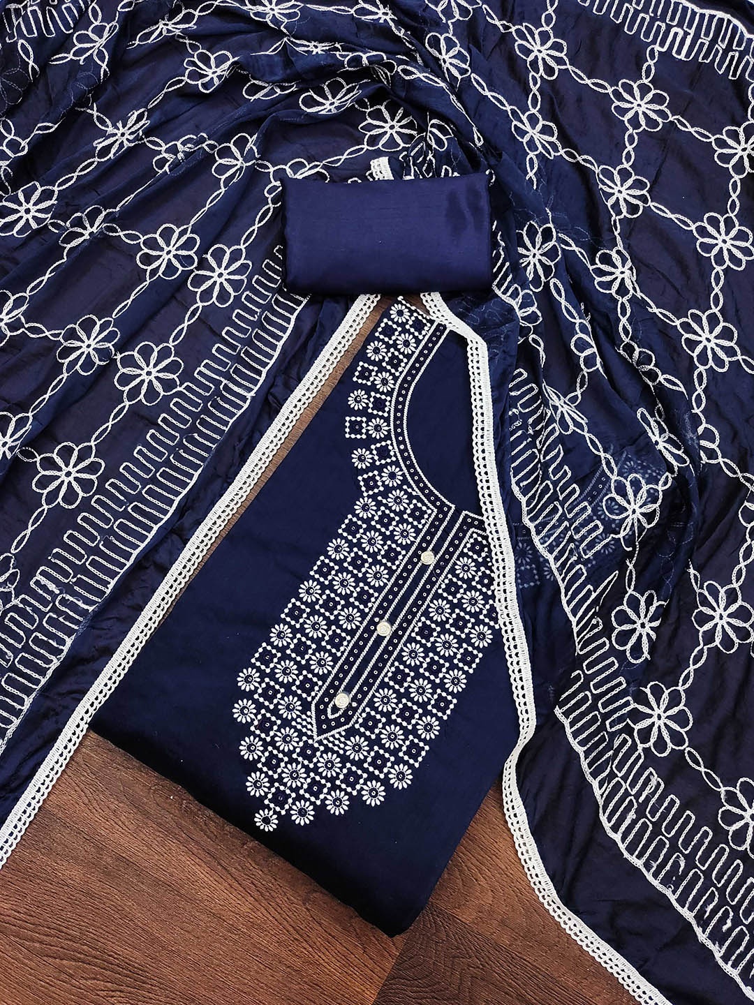 

SAINOOR Ethnic Motifs Embroidered Thread Work Unstitched Dress Material, Blue
