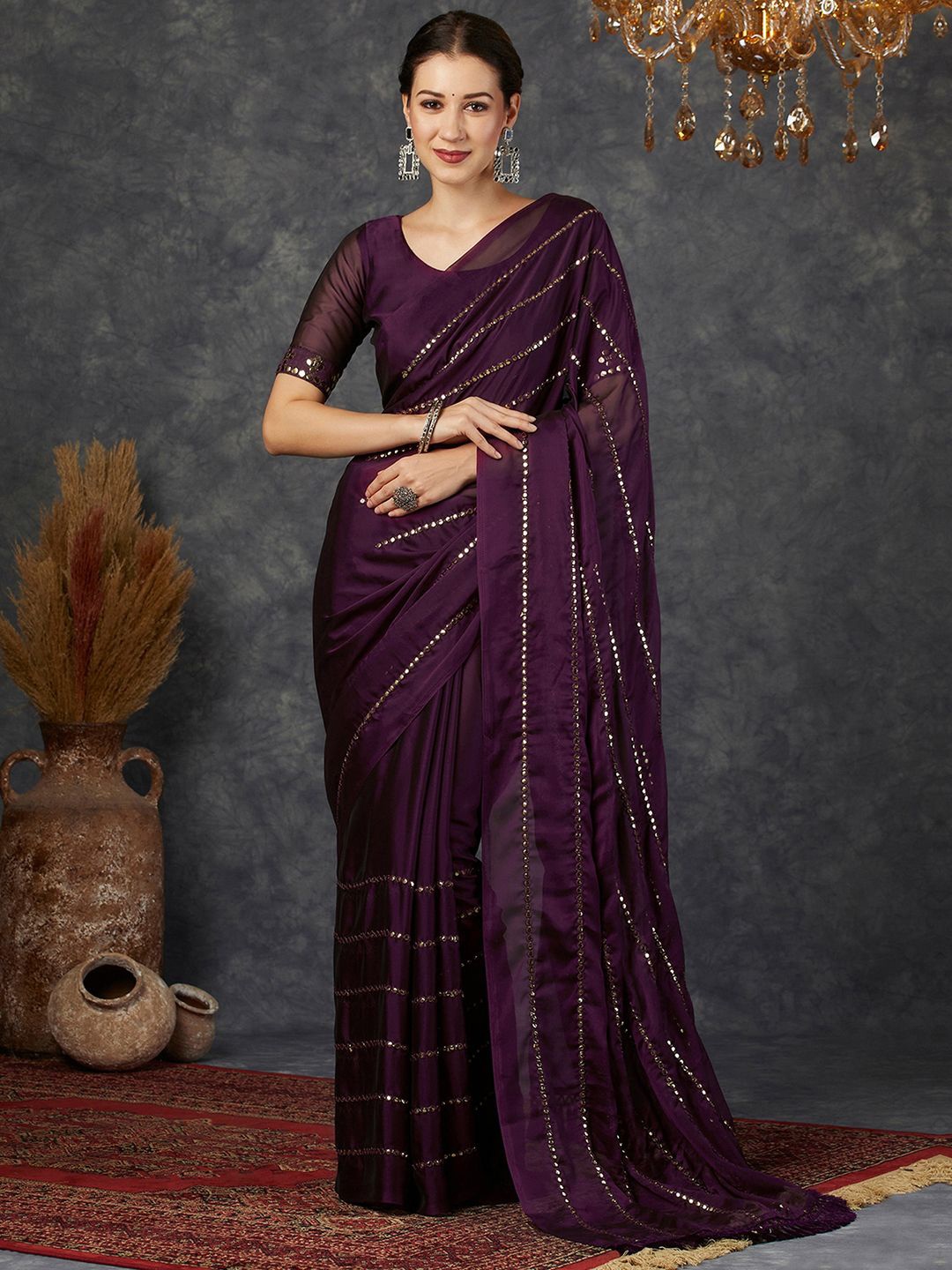 

Sangria Embellished Mirror Work Saree With Blouse Piece, Purple