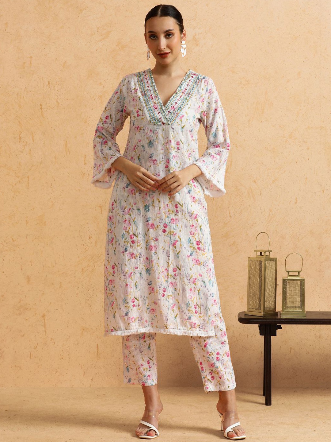 

STYLEBAAZI Floral Printed V-Neck Mirror Work Pure Cotton Kurta With Trousers, White