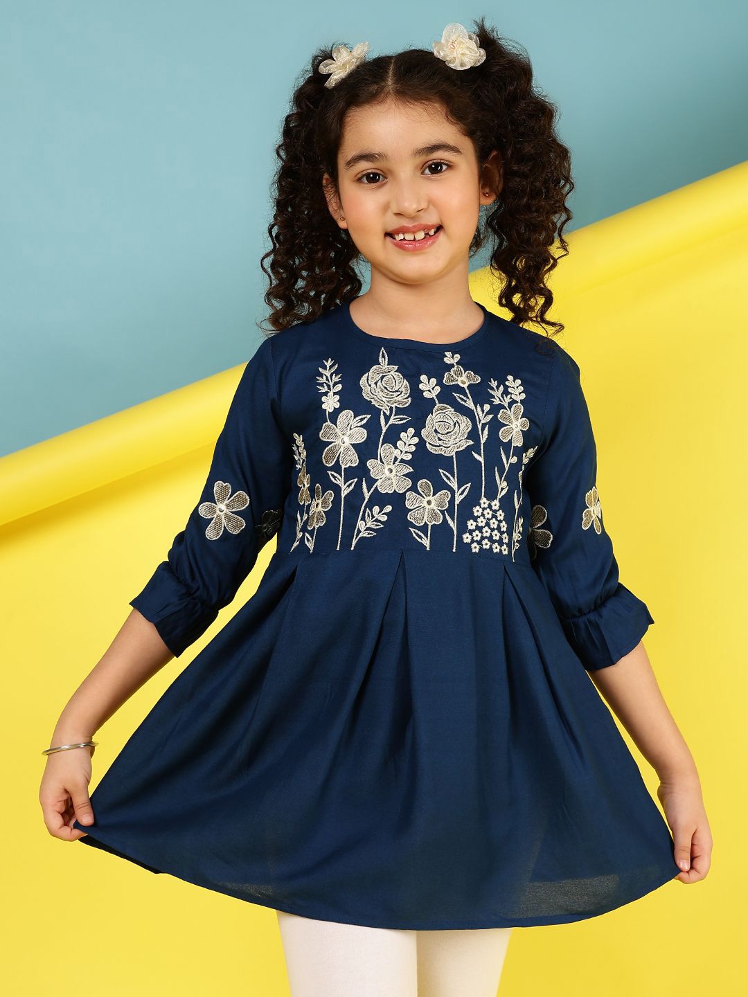 

Miss & Chief Girl Floral Embroidered Round Neck Bell Sleeves Pleated Top, Blue