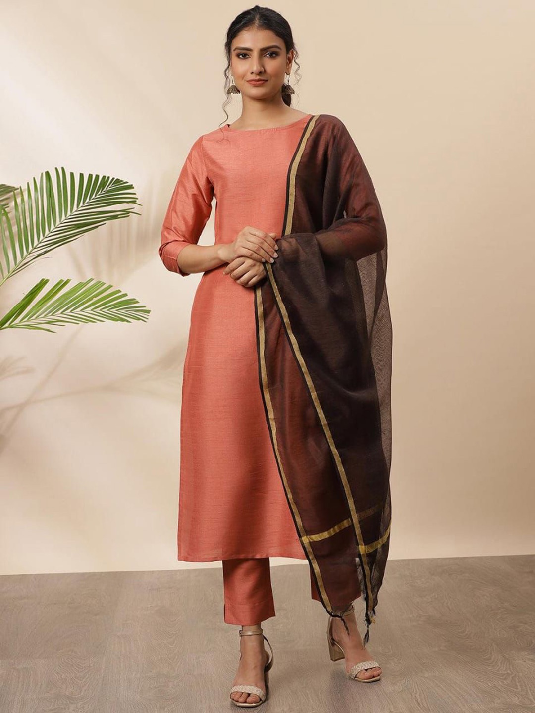 

ZEEPKART Boat Neck Straight Kurta With Trousers & Dupatta, Orange