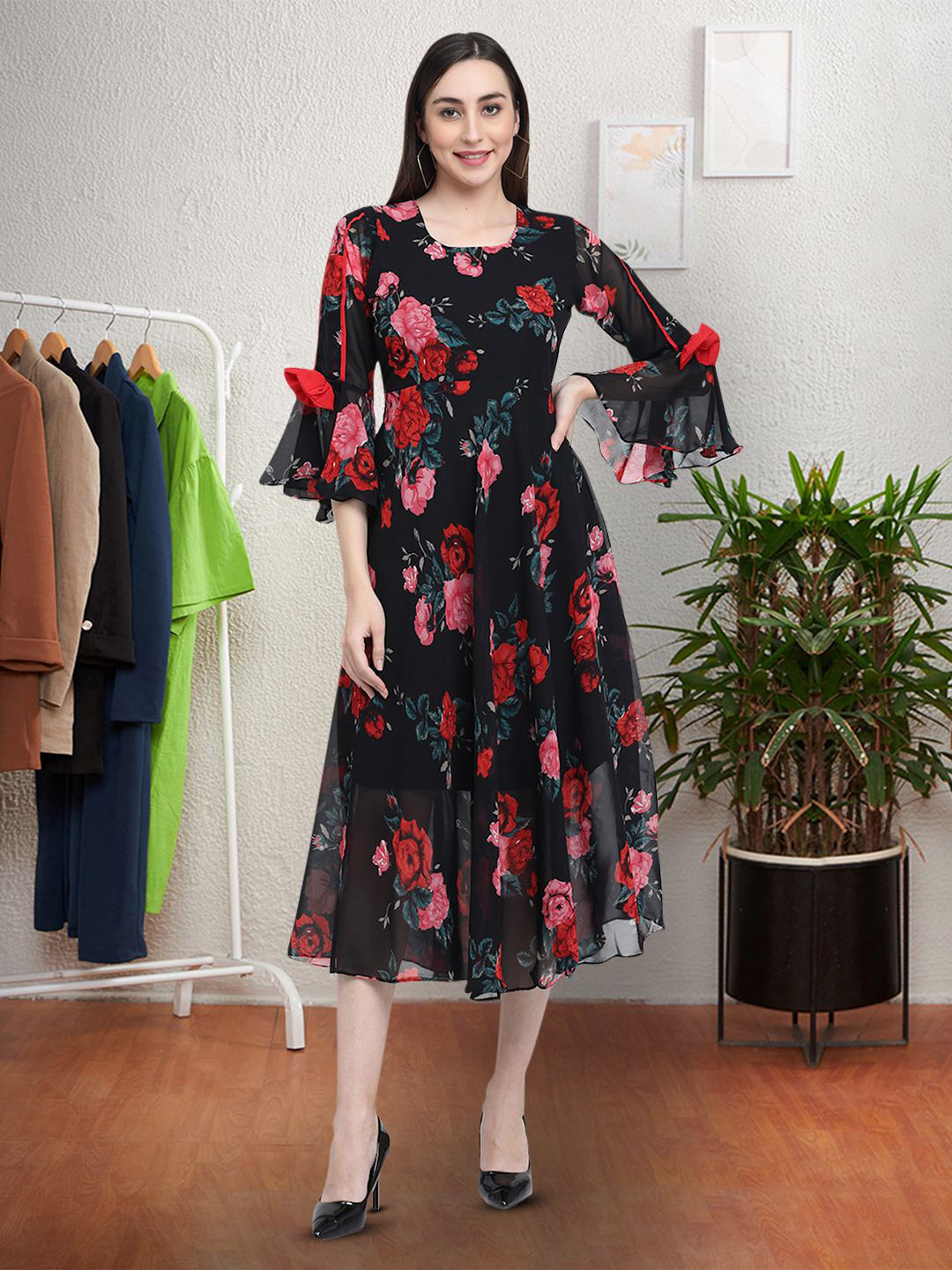 

Moda Rapido Floral Print Applique Fit & Flare Dress, Black