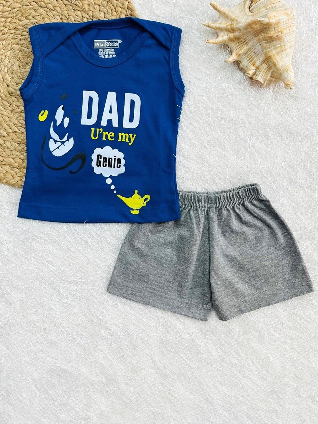 

Piku Store Infants Unisex Printed Sleeveless T-shirt With Shorts, Blue
