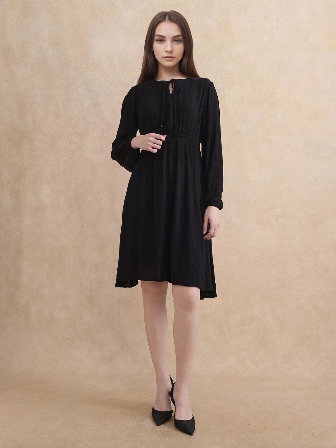 

RAREISM Tie-Up Neck Bishop Sleeve Fit & Flare Dress, Black
