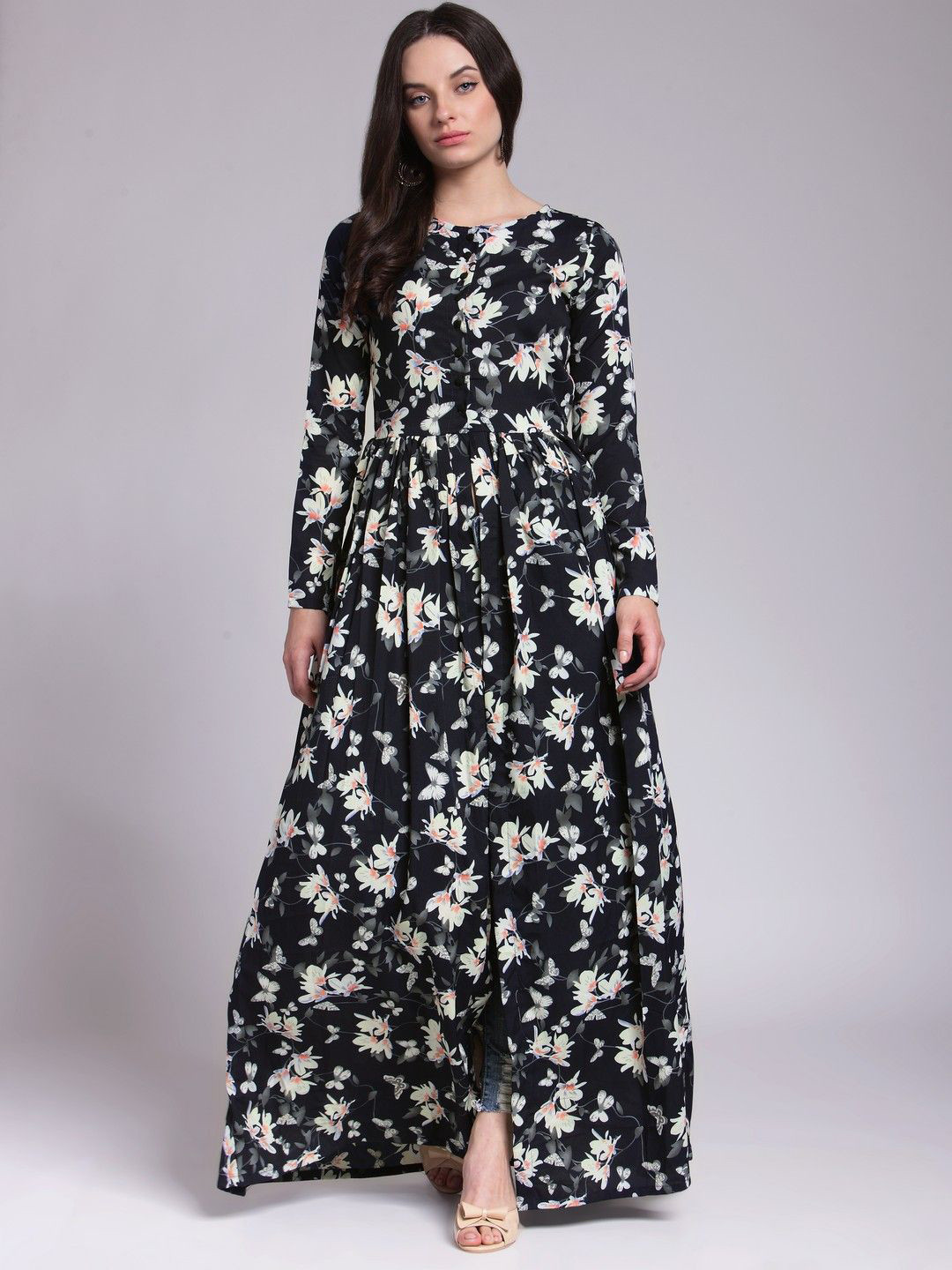 

Moda Rapido Women Floral Printed Front Slits Maxi Top, Navy blue