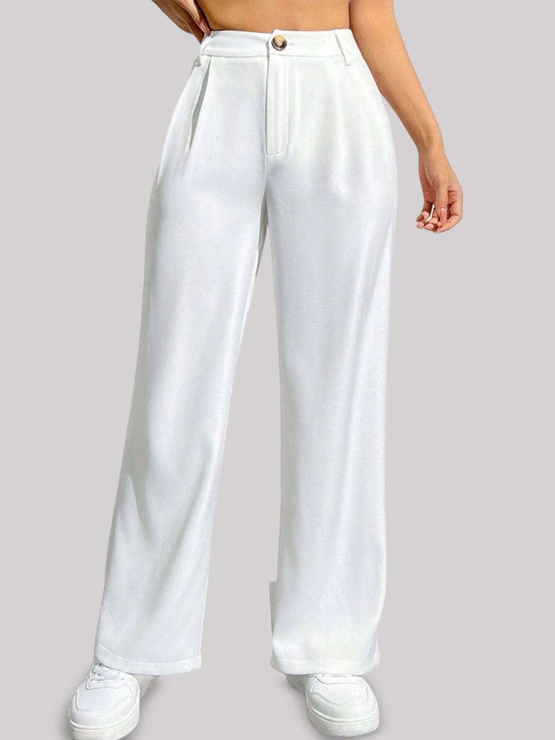 

FNOCKS Women Ultra Organic Cotton High-Rise Straight Fit Pleated Wide Leg Trousers, White