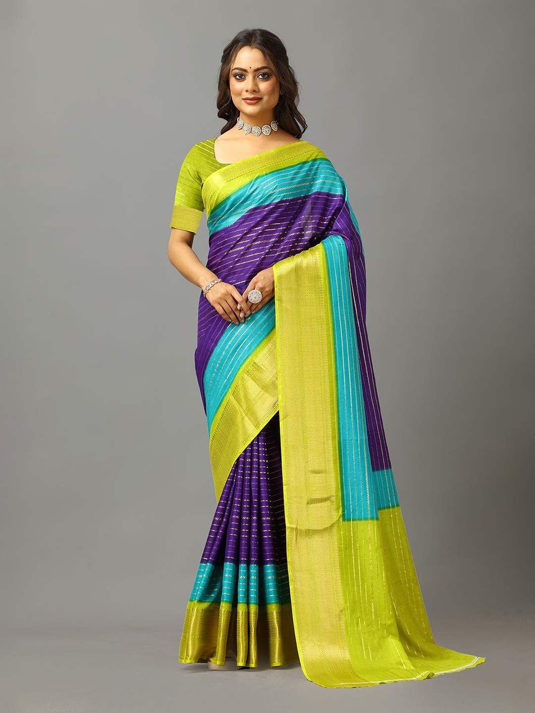 

NIRMAL CREATION Striped Zari Saree With Blouse Piece, Sea green
