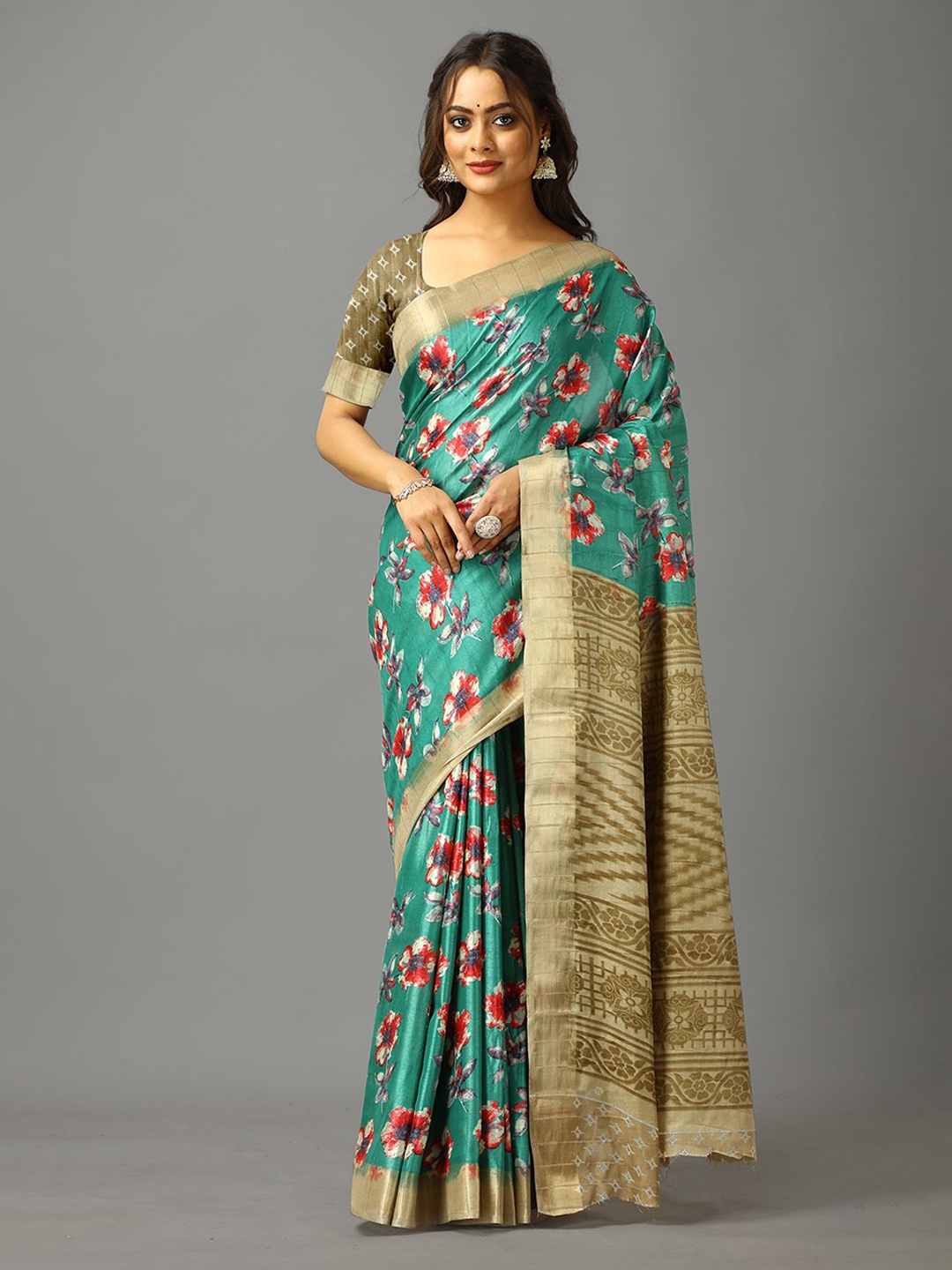 

NIRMAL CREATION Floral Saree, Turquoise blue