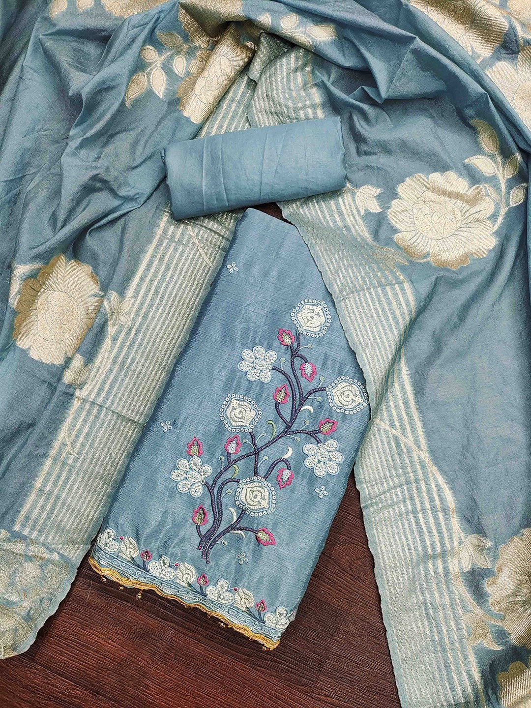 

KALINI Embroidered Unstitched Dress Material, Blue