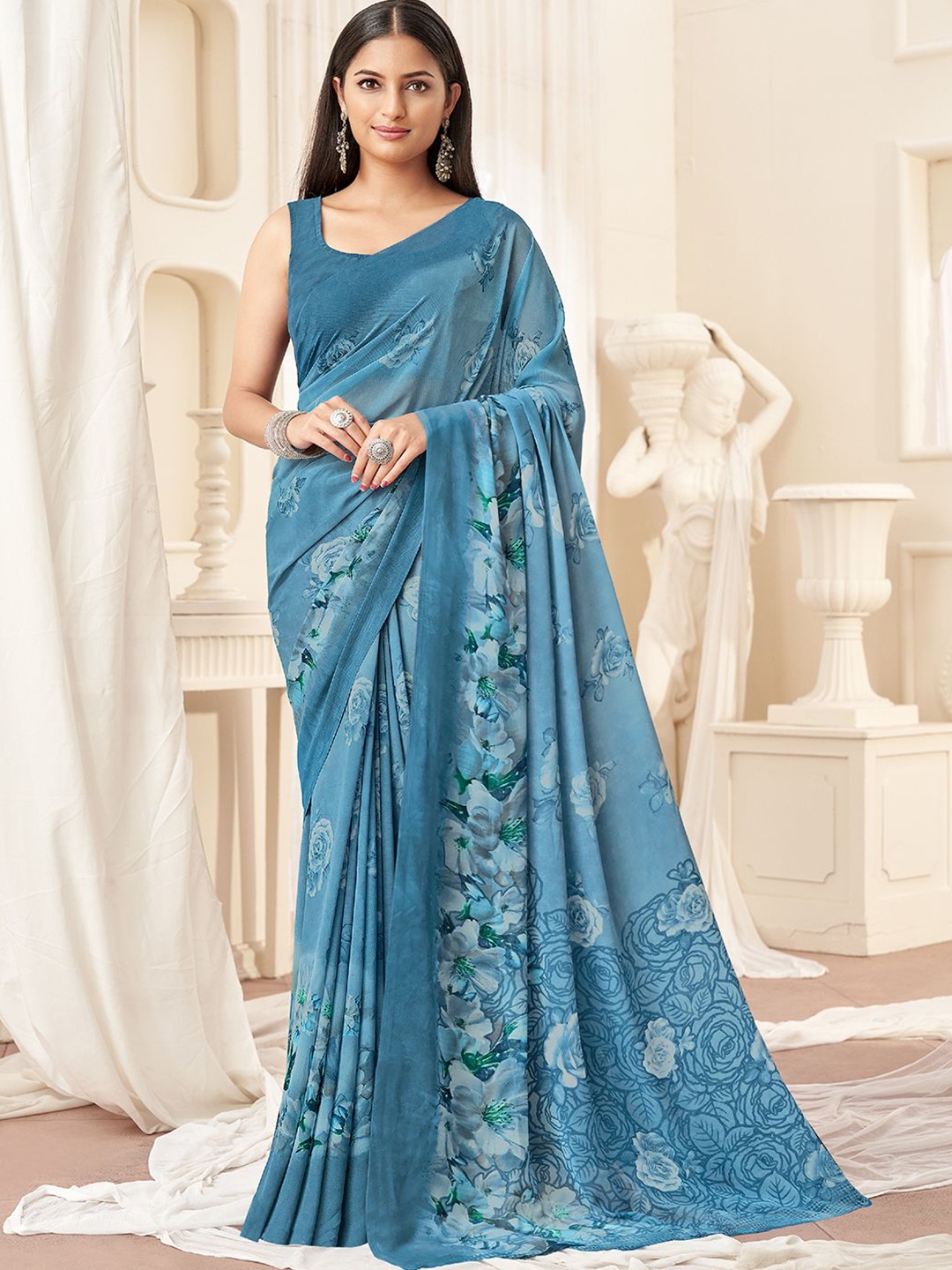 

DIVASTRI Floral Poly Georgette Saree, Blue