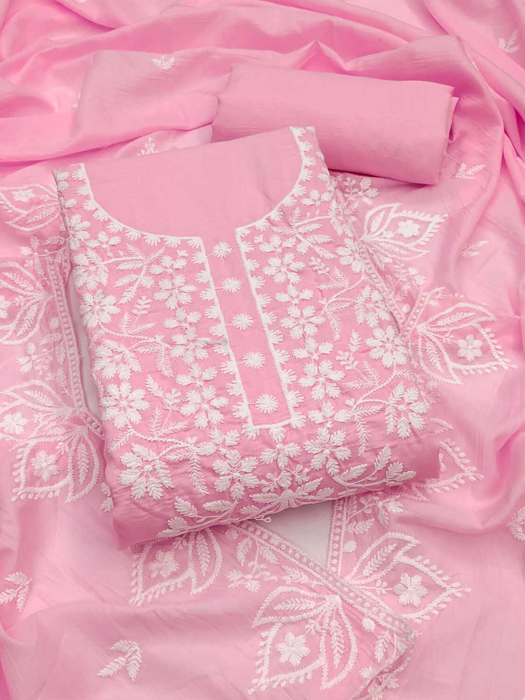 

SAINOOR Floral Embroidered Pure Cotton Semi-Stitched Dress Material, Pink