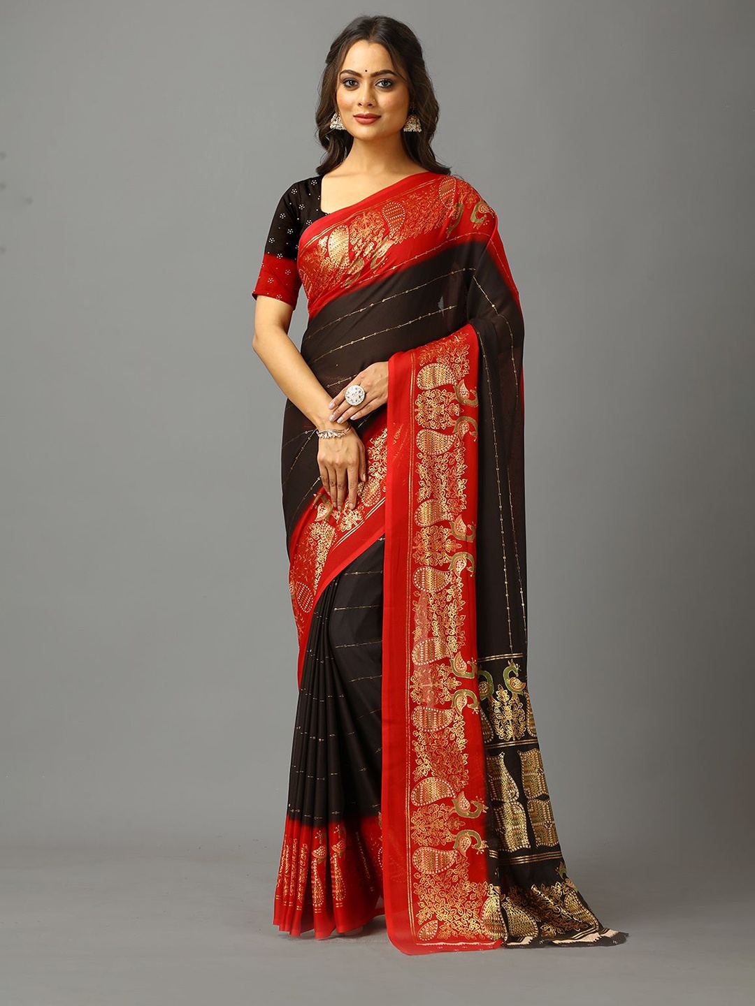 

NIRMAL CREATION Striped Pure Crepe Saree, Coffee brown