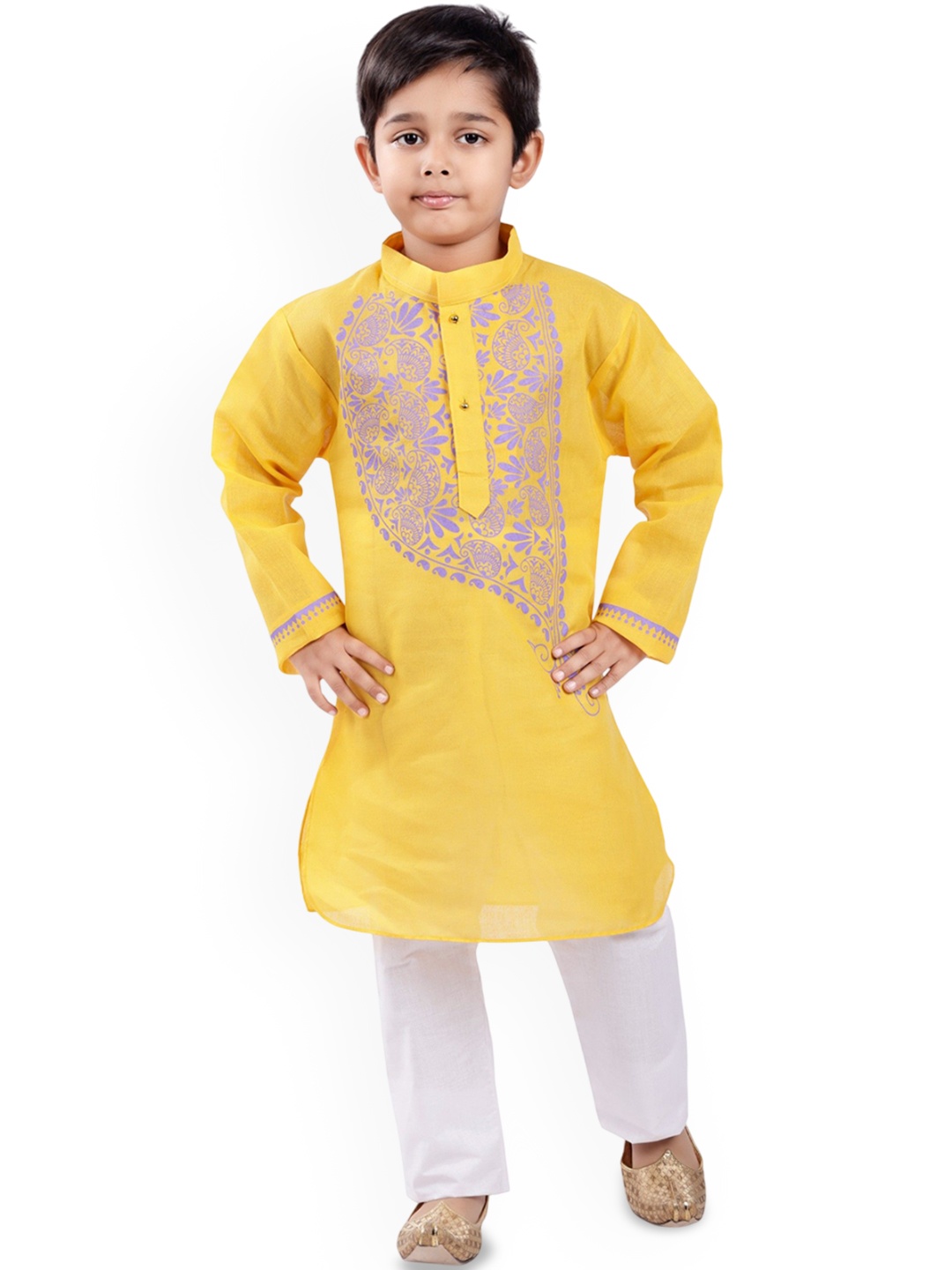 

BAESD Boys Paisley Printed Mandarin Collar Straight Kurta With Pyjama, Yellow