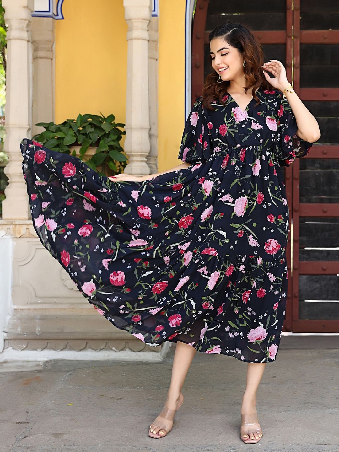 

NOUN Floral Print Flutter Sleeve Georgette Maxi Dress, Navy blue