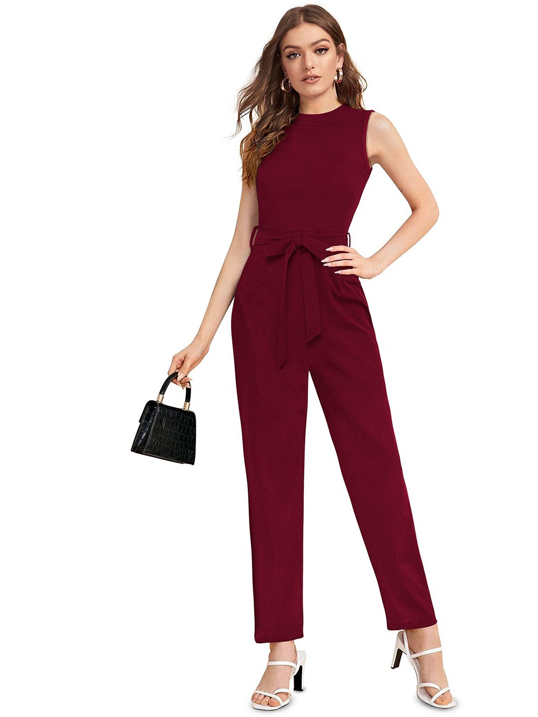 

S.K.C Women Round Neck Basic Jumpsuit, Maroon