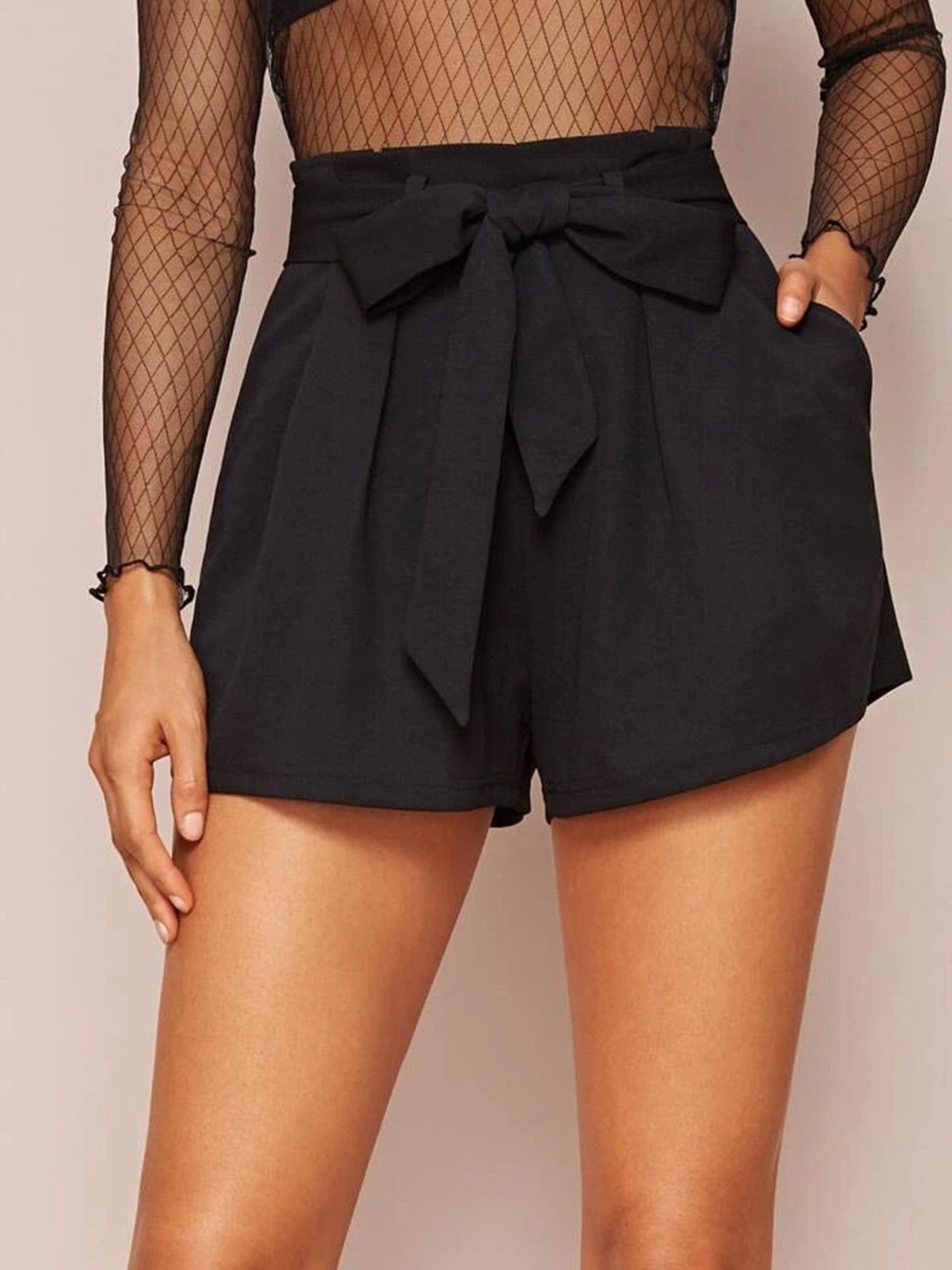 

TABADTOD Women Pleated Knotted Mini Shorts, Black
