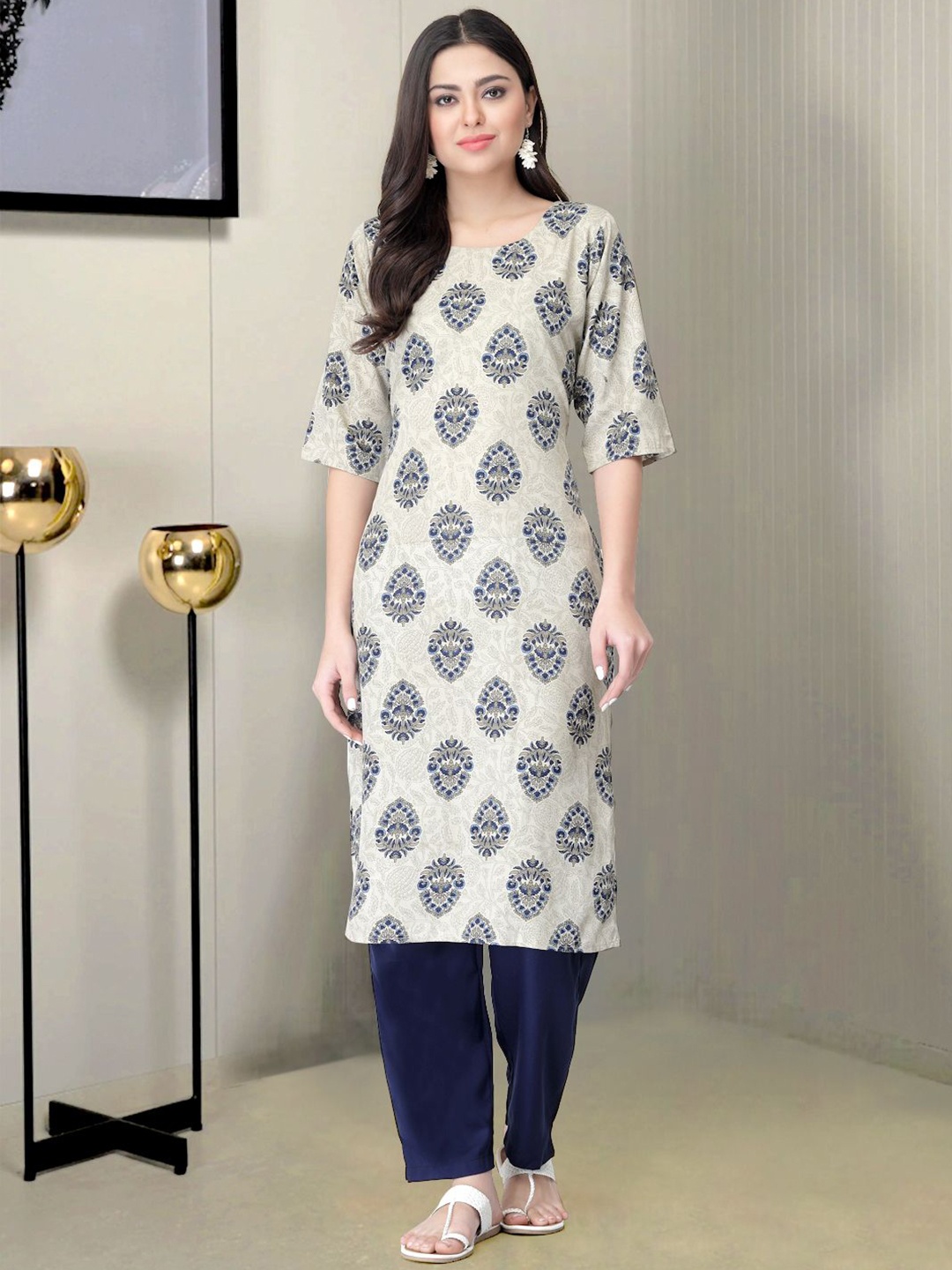

Moda Rapido Ethnic Motifs Printed Round Neck Straight Kurta With Trouser, Beige
