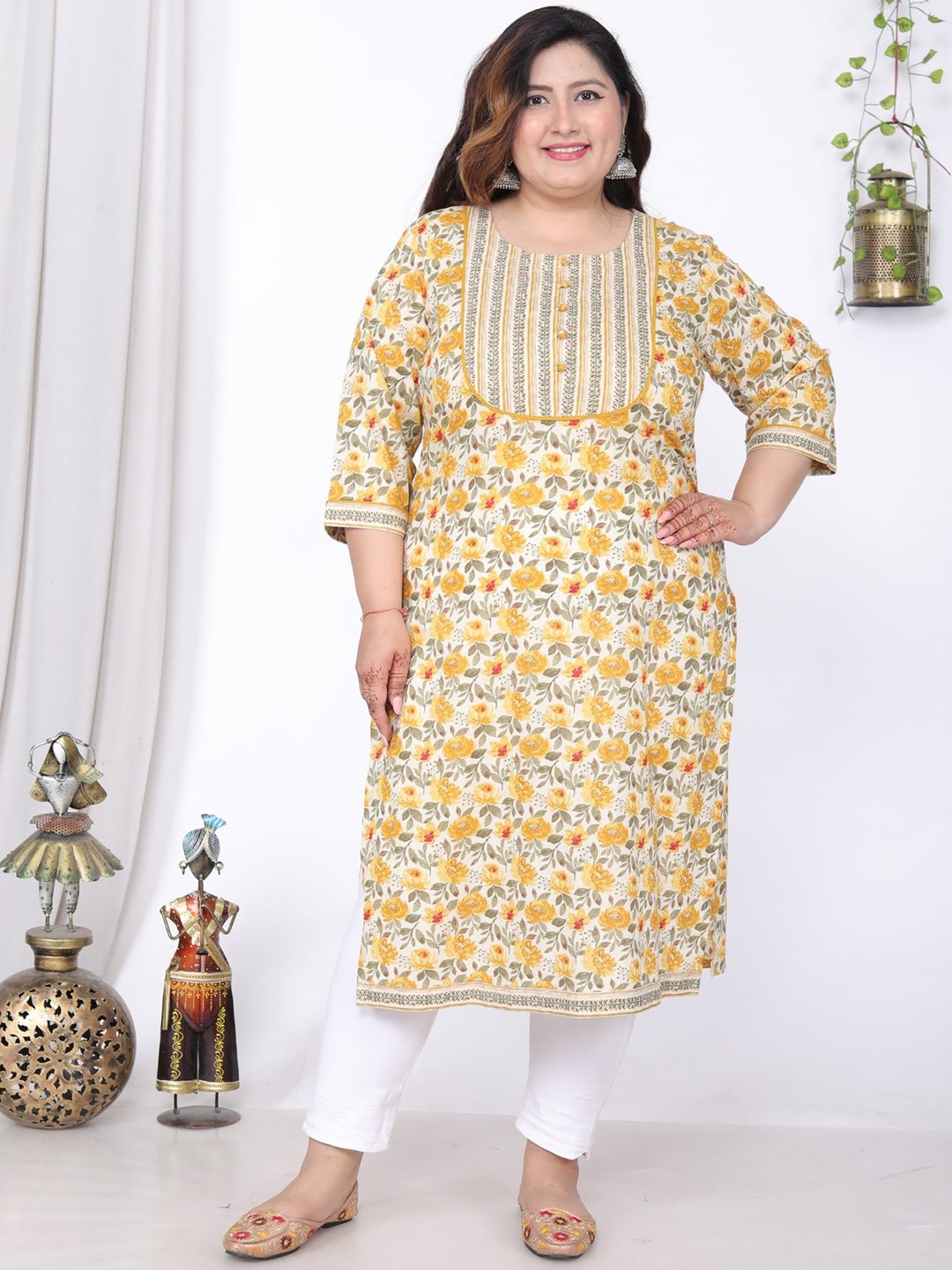 

KALINI Plus Size Floral Printed Round Neck Pure Cotton Straight Kurta, Yellow