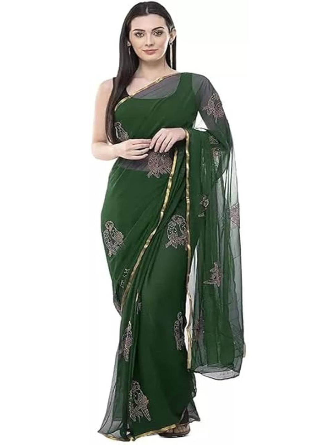 

DURGA EMPORIO Floral Zari Pure Chiffon Designer Saree, Green