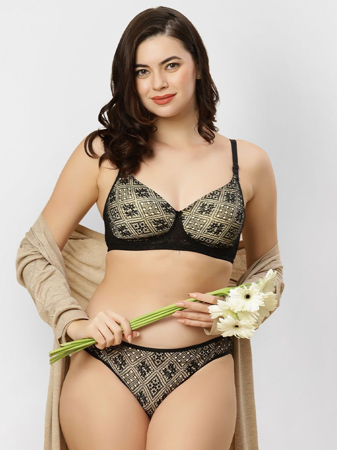 

happybra Cotton Lightly Padded Medium Coverage Bridal Lace Lingerie Set Bridal01Black32C, Black