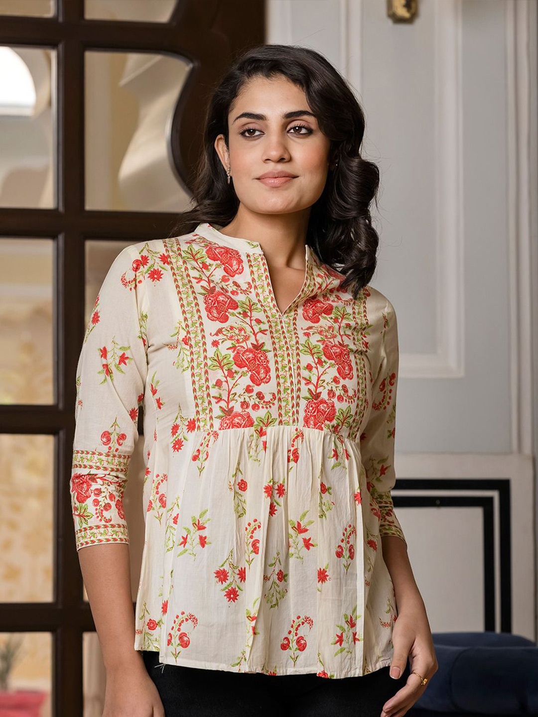 

CORSICA Floral Embroidered Mandarin Collar Cotton Top, Orange