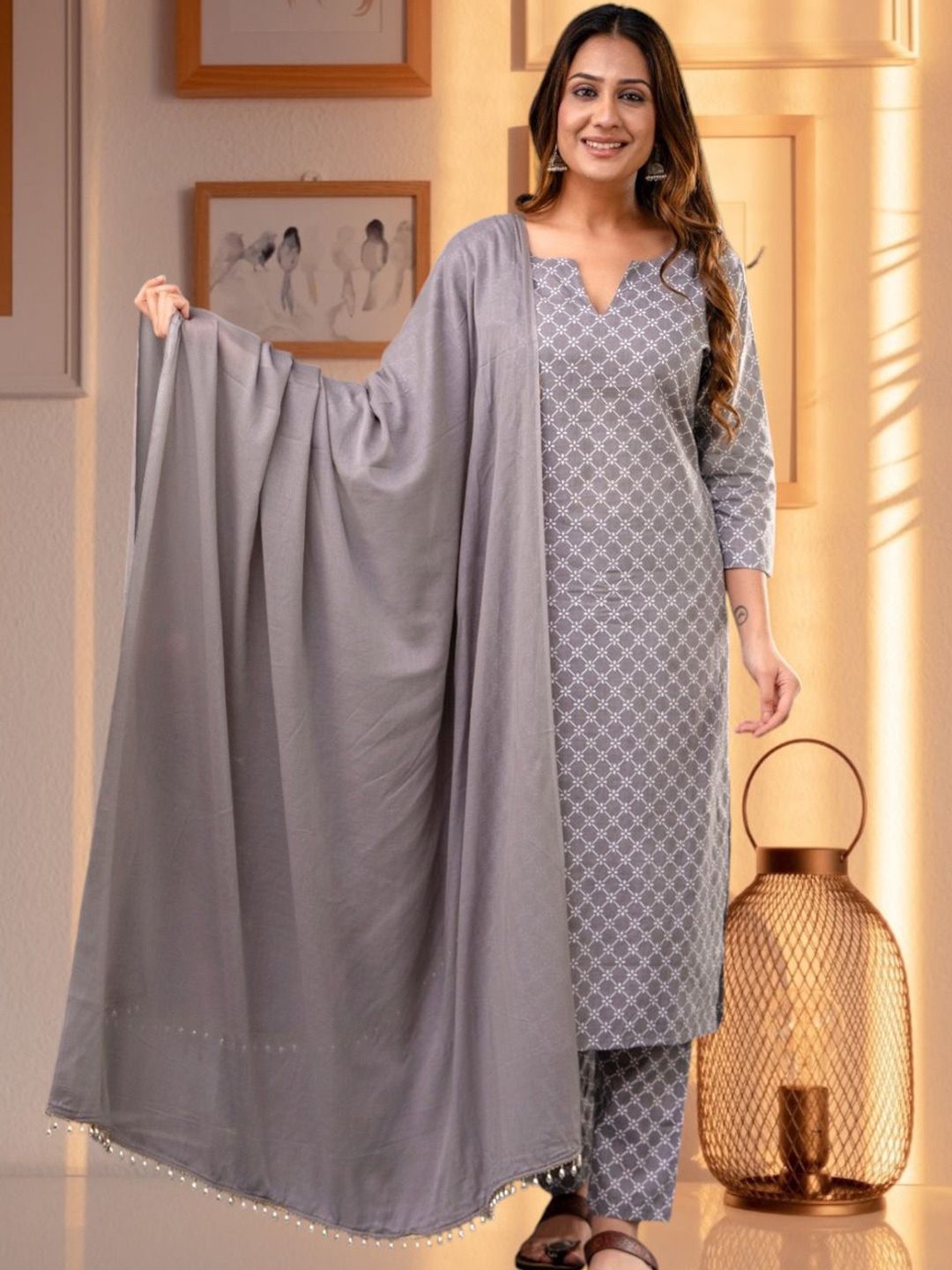 

Shivaradhya Designers Floral Printed Pure Cotton Straight Kurta With Trousers & Dupatta, Grey