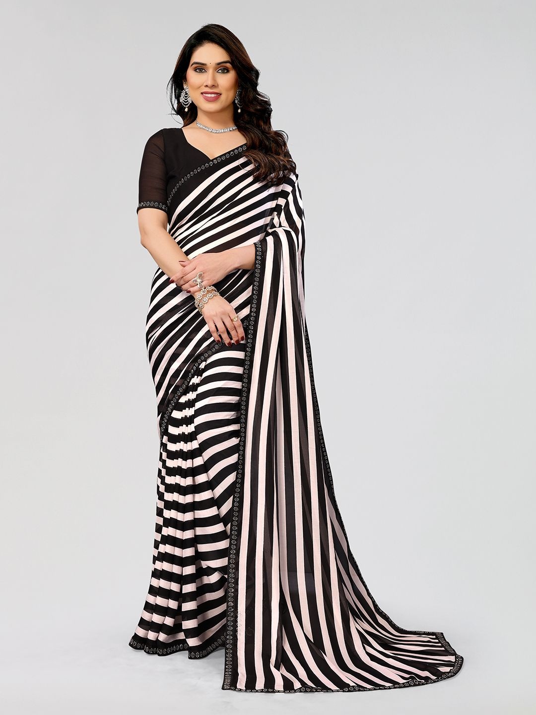 

Moda Rapido Striped Beads and Stones Embellished Saree, Black
