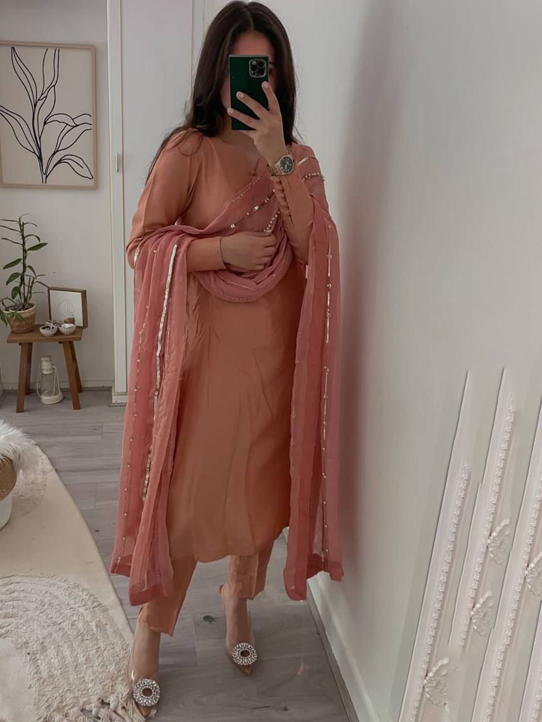 

Bought First Notch Neck Kurta With Trousers & Dupatta, Orange