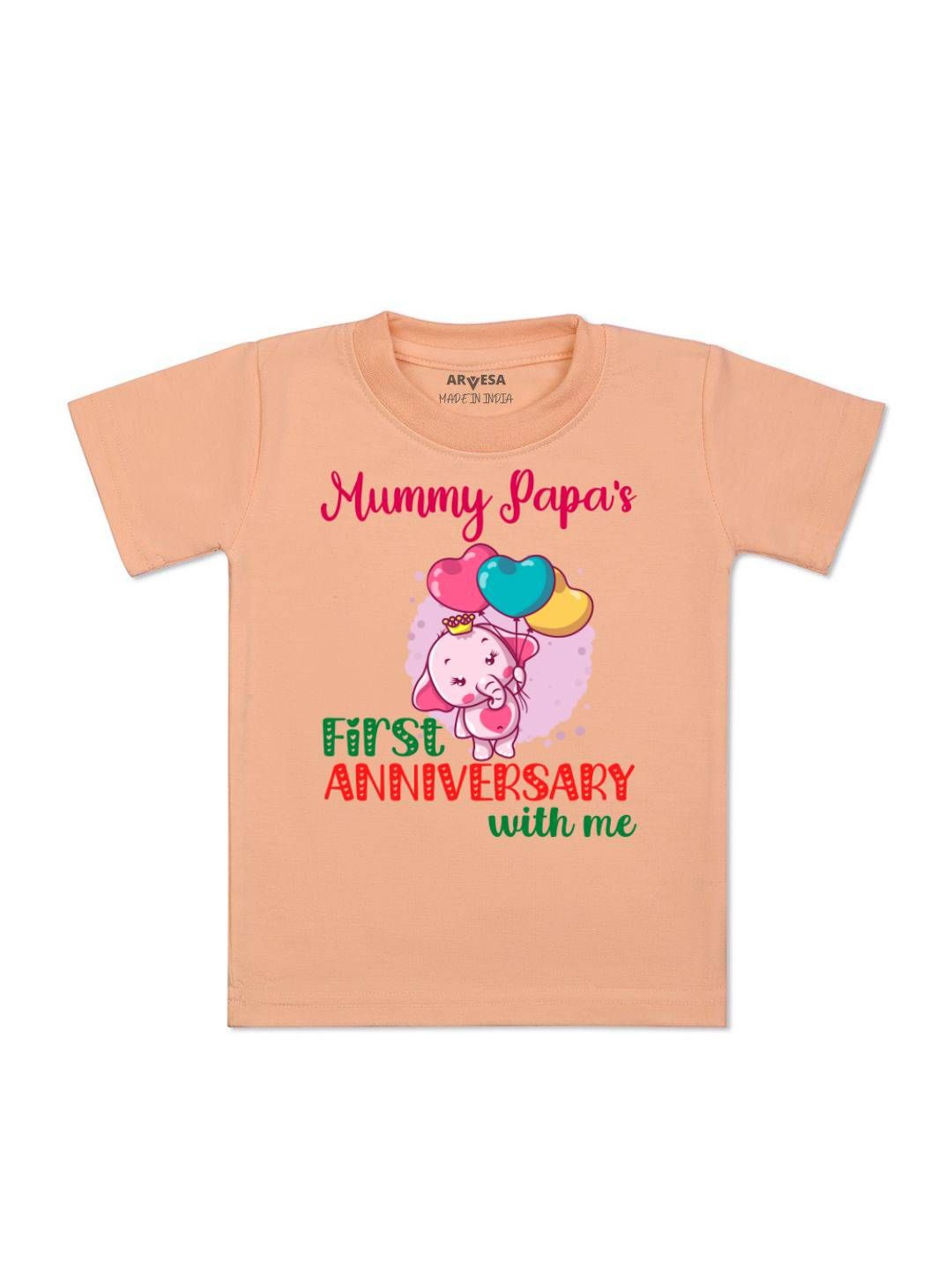 

Arvesa Kids Mummy Papa First Anniversary With Me Printed Tshirt, Peach