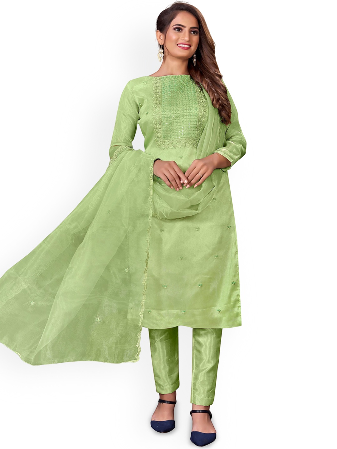 

SAINOOR Sequinned Embroidered Organza Unstitched Dress Material, Green