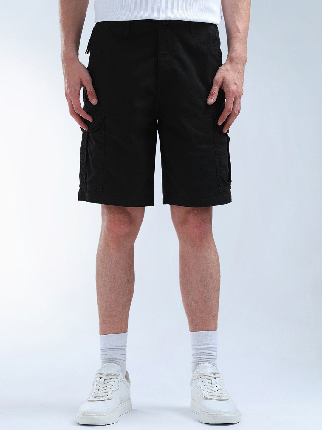 

Flying Machine Men Relaxed Fit Cotton Cargo Shorts, Black