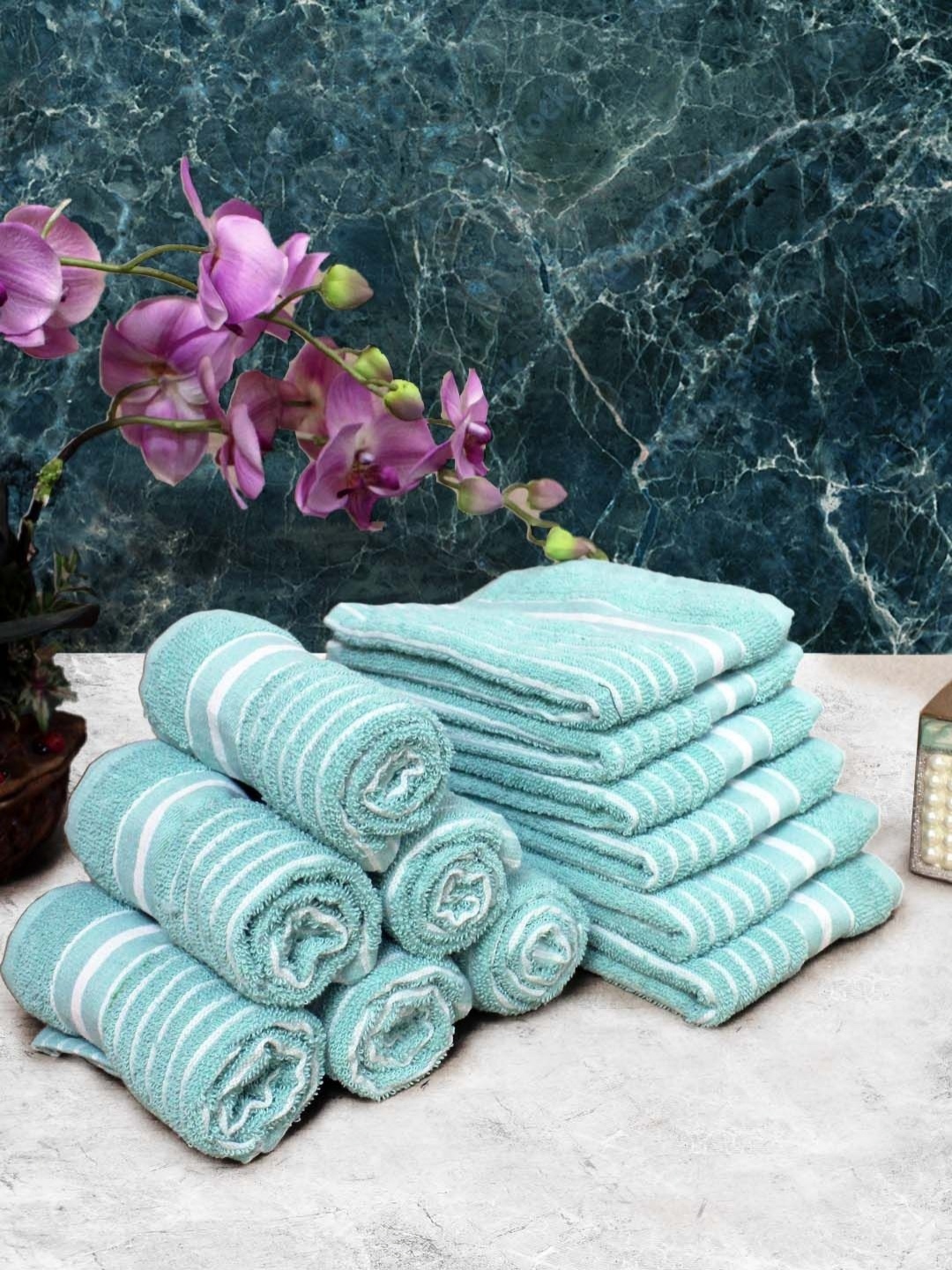 

Aura Green & White 12 Pieces Striped Pure Cotton Super Absorbent & Quick Dry Hand Towels