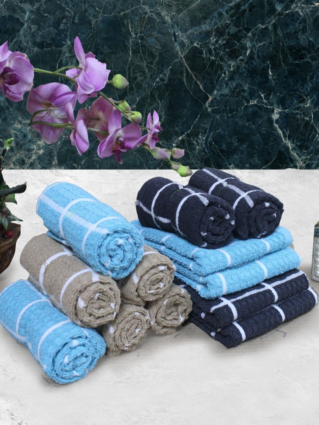 

Aura Blue & Beige 12 Pieces Checked Pure Cotton 150 GSM Hand Towels