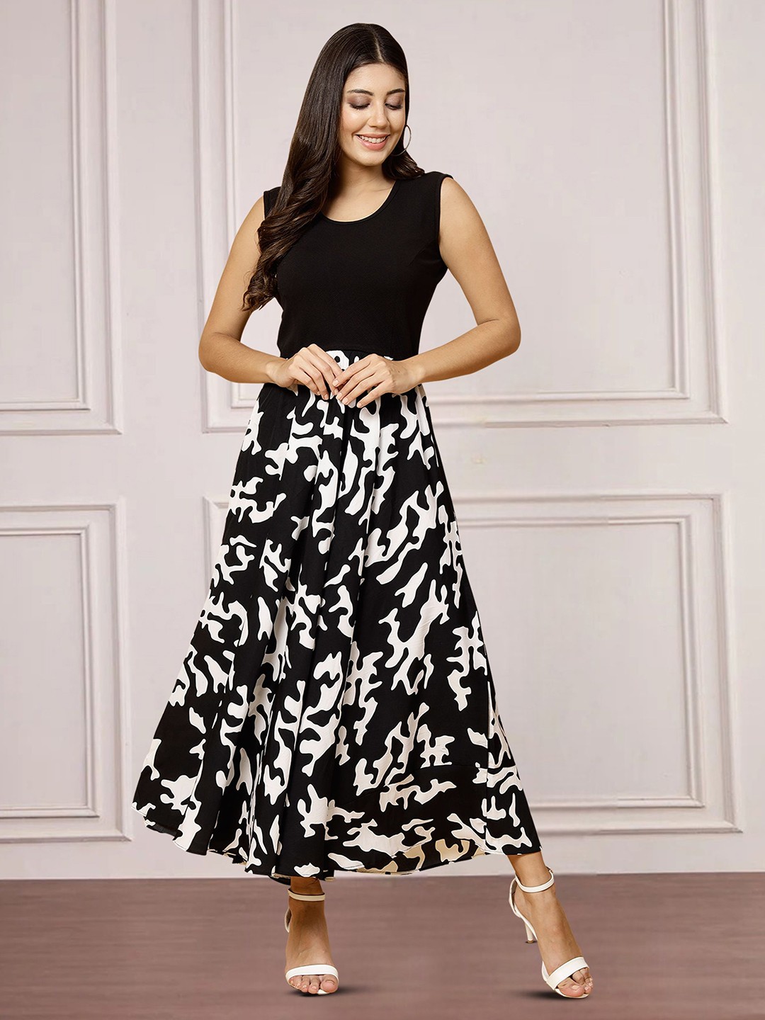 

Moda Rapido Floral Print Applique Fit & Flare Dress, Black