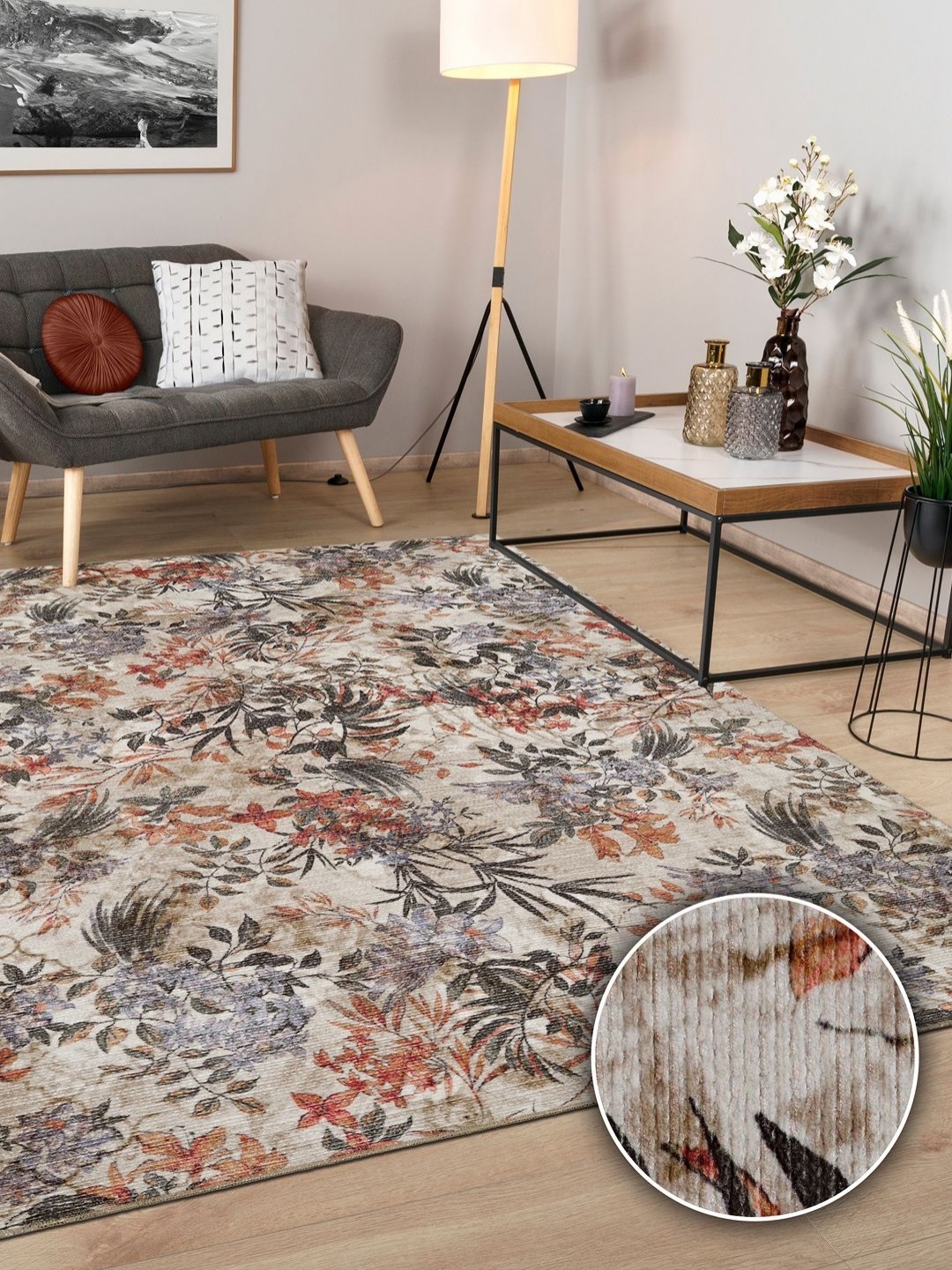 

Kaleen India Brown & Grey Floral Printed Anti-Skid Carpet