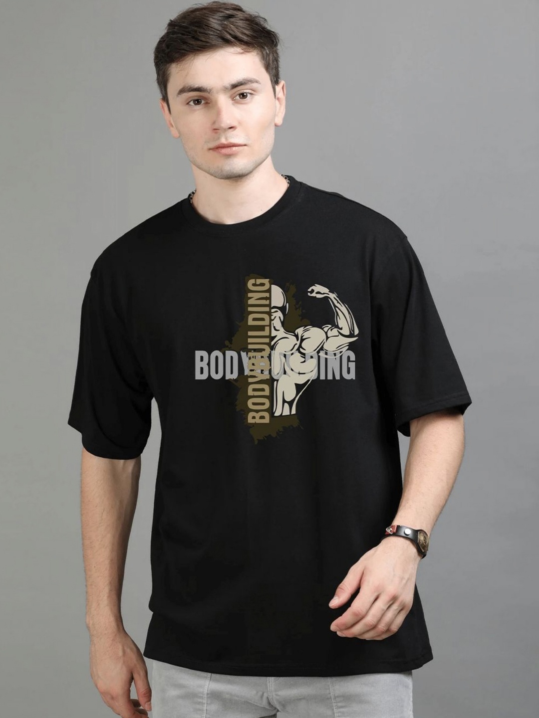 

GSPO Men Typography Printed Extended Sleeves Applique T-shirt, Black